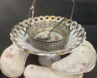 Vintage Porcelain Pedestal Rotating Candy Dish With Set Of 5 Bone Dishes  Silverplate Items