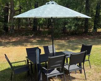 Black Patio Table, Umbrella,  Chairs Set