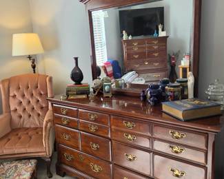 Dresser with mirror, wingback chair
