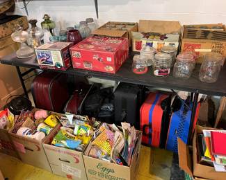 Oil lamps, Blue Ball canning jars, misc fast food toys sealed, nice suitcases