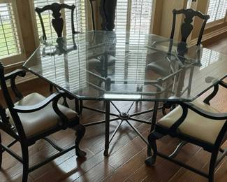 Octagonal Glass Top Dining Table with Ornate Metal Base and Six Chairs