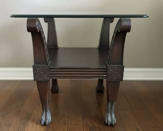 Dark Wood and Glass Top Side Table with Claw Feet