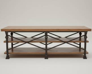Industrial Style Wood and Metal Coffee Table with Turned Legs and Crisscross Bracing