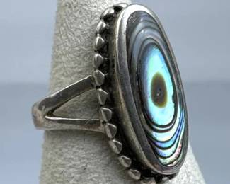 925 Silver Elongated Oval Abalone Bead Frame Ring