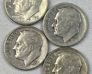 (4) 1946-64 Silver Era Roosevelt Dimes, US 90%
