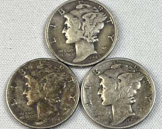 (3) 1945-P&S Silver Mercury Dimes, WWII 90%