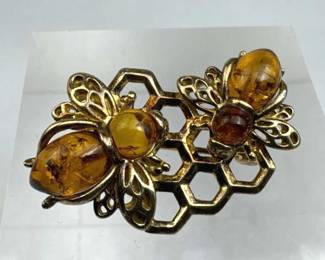925 Silver Double Amber Bumblebee & Honeycomb Broo