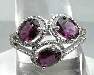 925 Silver 3-Stone Raspberry Rhodolite Garnet Ring