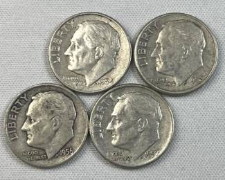 (4) 1946-64 Silver Era Roosevelt Dimes, US 90%