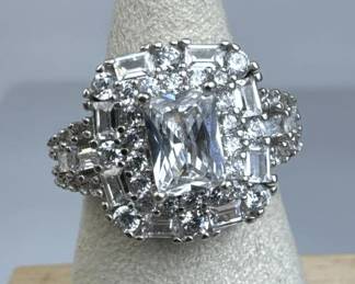 925 Silver Emerald-Cut Center Zirconia w/ Accents