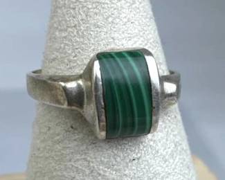 925 Silver Taxco Rectangular Malachite Inlay Ring