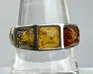 925 Silver Poland Tri-color Amber Ring