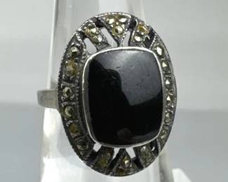 925 Silver Vtg  Art Deco Black Tourmaline Ring