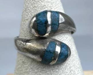 925 Silver Vintage Taxco Turquoise Inlay Bypass Ri