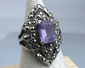 925 Silver Victorian Amethyst & Marcasite Ring