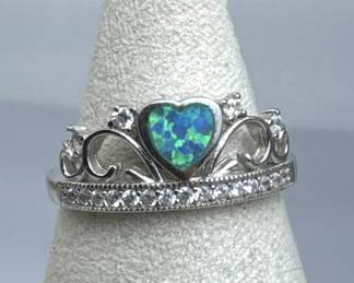 925 Silver Opal Heart Tiara Crown Promise Ring