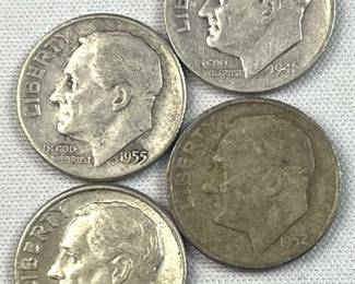 (4) 1946-64 Silver Era Roosevelt Dimes, US 90%