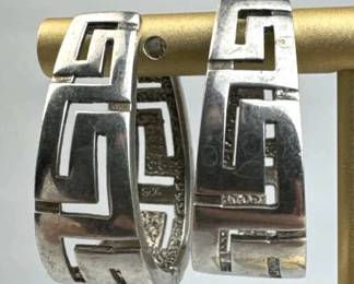 925 Silver Cut-Out Greek Key Oval Hoop Earrings