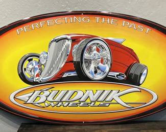 Large Budnik Wheels Hot Rod Metal Sign, Oval