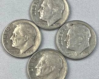(4) 1946-64 Silver Era Roosevelt Dimes, US 90%
