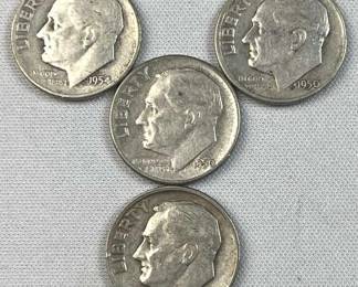 (4) 1946-64 Silver Era Roosevelt Dimes, US 90%