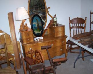 ANOTHER BIRD'S EYE DRESSER, YARN WINDER, FLAX WHEEL & MISC.