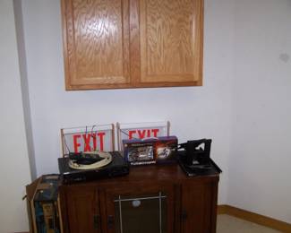 TV STAND, EXIT SIGNS & OLD VCR