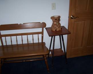 MAPLE BENCH, TURNED-LEG PLANT STAND & CERAMIC BEAR