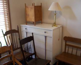 PAINTED CHEST & OLD CHAIRS
