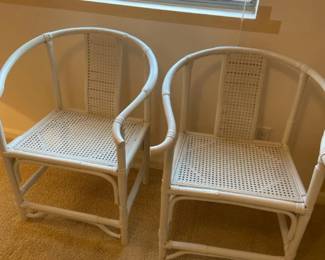 Two Charming White Rattan Arm Chairs With Caned Backs