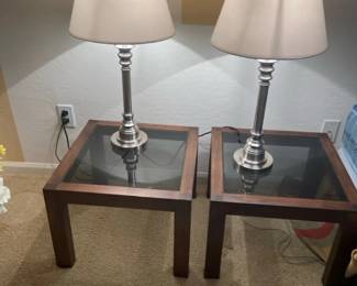 Two Glass And Wood End Tables And Two Chrome Table Lamps