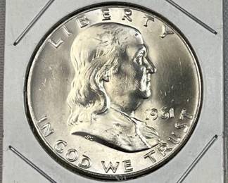 1961-D Franklin Silver Half Dollar, BU 90% Coin