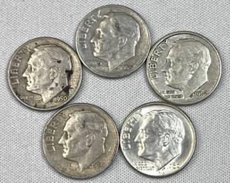(5) 1946-64 Silver Era Roosevelt Dimes, US 90%