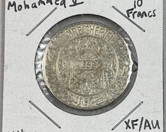 1929-34 Silver Morocco 10 Francs XF/AU .680