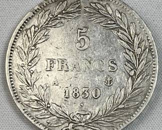 1830 France Silver 5 Francs, Louis Philippe I 90%