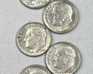 (5) 1946-64 Silver Era Roosevelt Dimes, US 90%