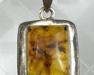 925 Silver Rectangle Amber Pendant