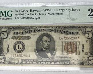 1934A Hawaii $5 US WWII Issue PMG VF 20