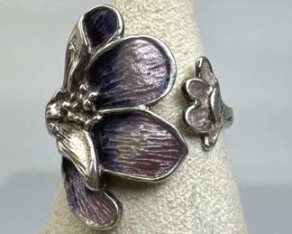 925 Silver Vtg. Scottish Enamel Flower Adjustable