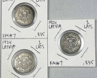 (3) 1924 Silver Latvia 1 Lats .835 Coins