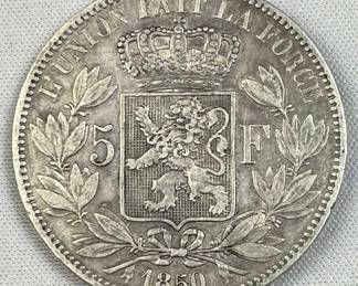 1850 Belgium Silver 5 Francs, Leopold I 90%