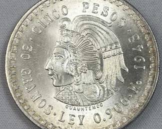 1948 Silver Mexico 5 Pesos .900 Silver Uncirc.