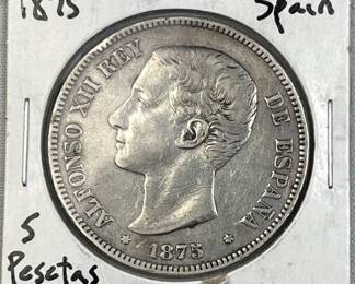 1875 Spain Silver 5 Pesetas, Alfonso XII, 90%