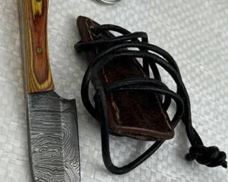 Damascus Steel Fixed Blade Mini Knife w/ Sheath