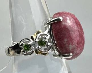 925 Silver Thulite Cab White Topaz, Tsavorite Ring