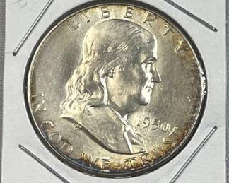 1950 Franklin Silver Half, Nice Rim Toning 90%