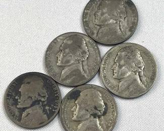 (5) 1942-45 Silver WWII War Nickels, US 35%