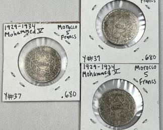 (3) 1929-34 Silver Morocco 5 Francs XF .680