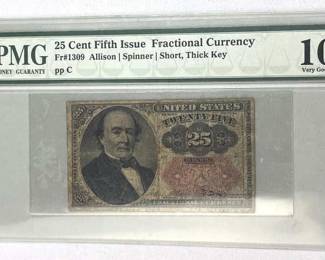 1874 US 25 Cent Fractional, 5th Issue PMG 10