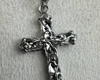 925 Silver Open Filigree Diamond-Cut Cross Necklac